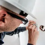 Électricien contrôlant la barrette de terre et le conducteur de terre d'un tableau électrique dans une maison ancienne