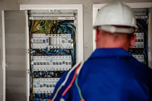 Disjoncteurs modulaires courbe C et courbe D montés sur rail DIN dans un tableau électrique