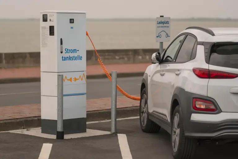 Électricien installant une borne de recharge pour véhicule électrique dans le parking collectif d'un immeuble en copropriété